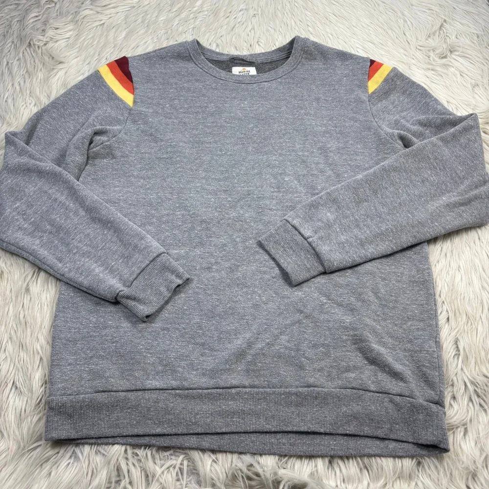 Marine Layer Men's M Gray Striped Shoulder Crew Sweatshirt Retro Cozycore Lounge